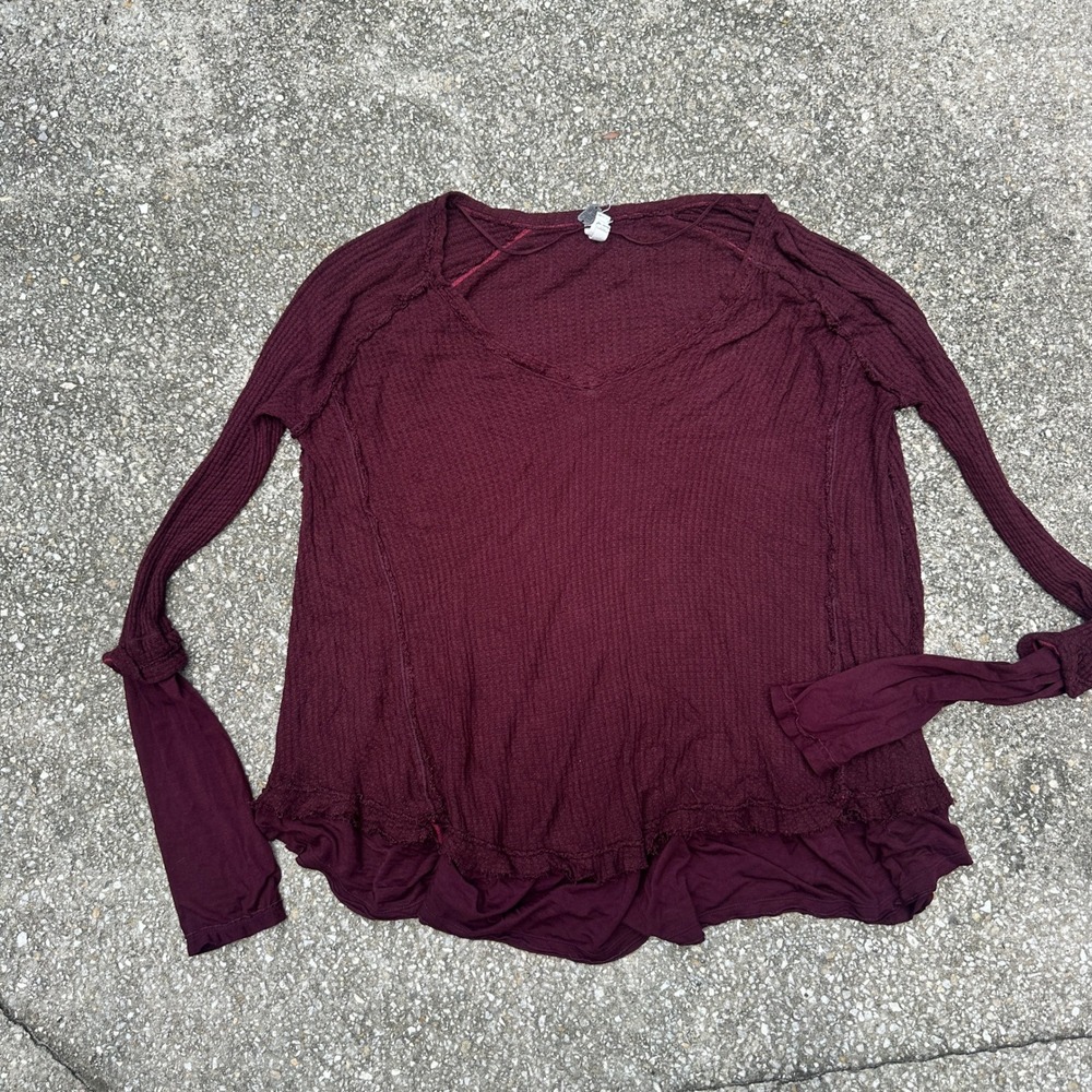 Free People We The Free Burgundy Waffle Knit Thermal V-Neck Top Large